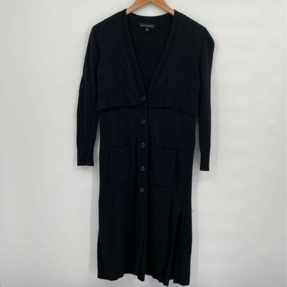 Banana Republic Womens Duster Sweater Black Long Sleeve V Neck Pockets Buttons S